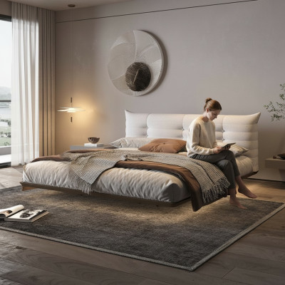Wäisst Schlofzëmmer Bett Designer Wandbett LED-Better Holzgestell Miwwelen