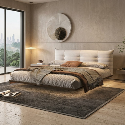 Wäisst Schlofzëmmer Bett Designer Wandbett LED-Better Holzgestell Miwwelen