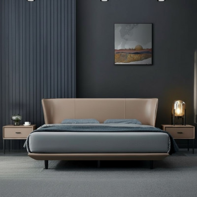 Duebelbett aus Cremefaarwegem Konschtlieder fir d'Schlofzëmmer mat Designer Holzrahmen Better