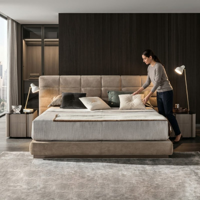 Beige Duebelbett Schlofzëmmer Miwwelen Modern Better Luxus Holzgestell