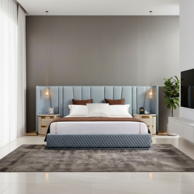 Grousst Schlofzimmer Duebelbett Designer-Bett Holzgestell Gepolstert Bett