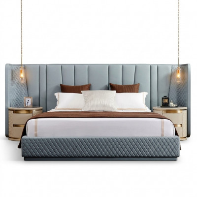 Grousst Schlofzimmer Duebelbett Designer-Bett Holzgestell Gepolstert Bett