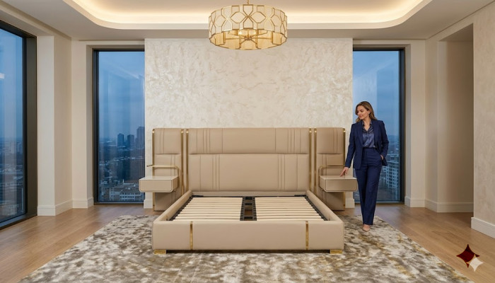 Beiges Schlofzëmmer Duebelbett mat groussem Kappdeel Designer Holz Better