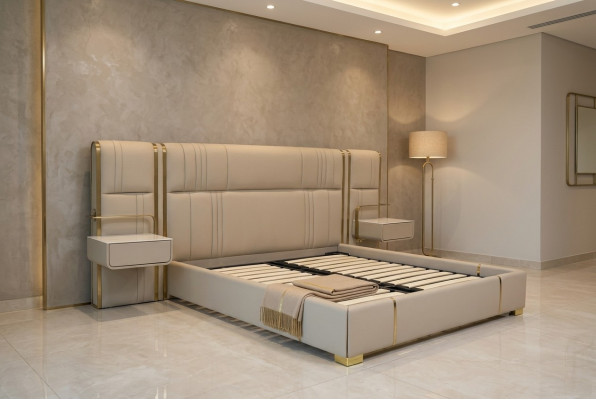 Beiges Schlofzëmmer Duebelbett mat groussem Kappdeel Designer Holz Better