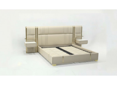 Beiges Schlofzëmmer Duebelbett mat groussem Kappdeel Designer Holz Better