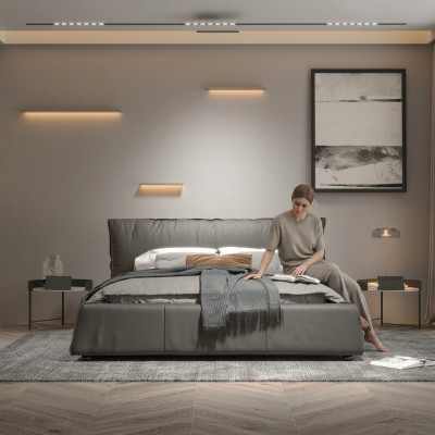Grau Schlofzëmmer Bett Designer Duebelbett Holzgestell Neit Liederbett