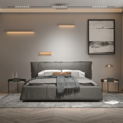 Grau Schlofzëmmer Bett Designer Duebelbett Holzgestell Neit Liederbett