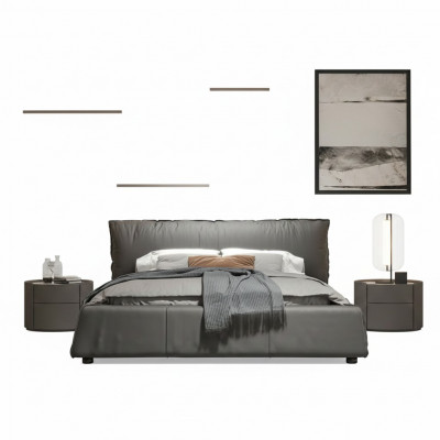 Grau Schlofzëmmer Bett Designer Duebelbett Holzgestell Neit Liederbett