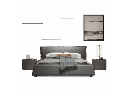 Grau Schlofzëmmer Bett Designer Duebelbett Holzgestell Neit Liederbett