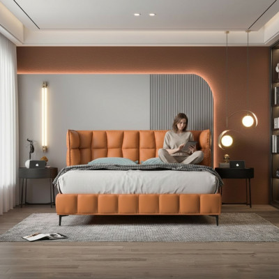 Orangen Duebelbett Schlofzëmmer Miwwelen Textilbetter Holzkader Stilvoll.