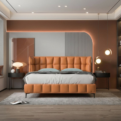 Orangen Duebelbett Schlofzëmmer Miwwelen Textilbetter Holzkader Stilvoll.