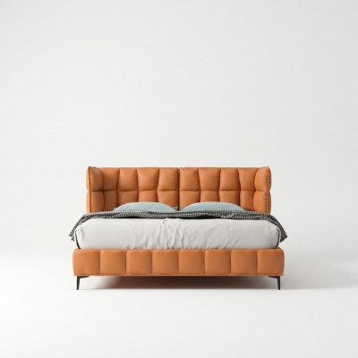 Orangen Duebelbett Schlofzëmmer Miwwelen Textilbetter Holzkader Stilvoll.
