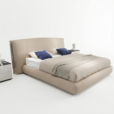 Modern beige Duebelbett Designer Bett Schlofkummer Miwwelen Holzgestell