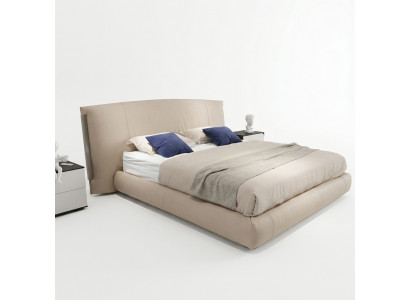Modern beige Duebelbett Designer Bett Schlofkummer Miwwelen Holzgestell