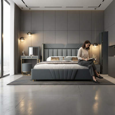 Schlofkummer Gro Bett Designer Miwwelen Luxus Materialien Holzgestell