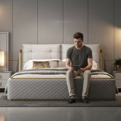 Designer Wäisst Schlofkummerbett Luxus Duebelbetter Holzkonstruktioun Modern