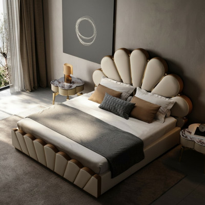Modern beige Schlofkummerbett aus Konschtléder Duebelbett Designerbetter