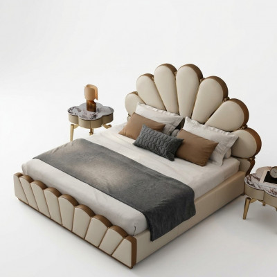 Modern beige Schlofkummerbett aus Konschtléder Duebelbett Designerbetter