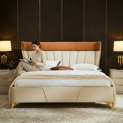 Schlofzëmmer Beigest Duebelbett Liederbieder Holzgestell Textil Miwwelen