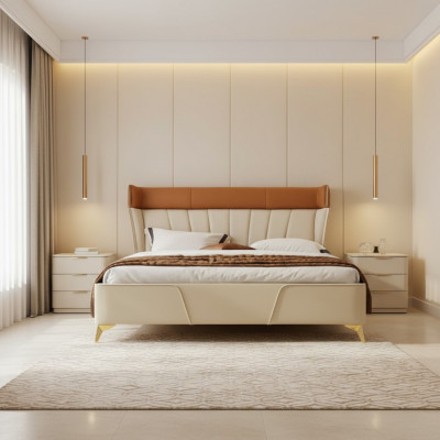 Schlofzëmmer Beigest Duebelbett Liederbieder Holzgestell Textil Miwwelen