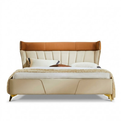 Schlofzëmmer Beigest Duebelbett Liederbieder Holzgestell Textil Miwwelen