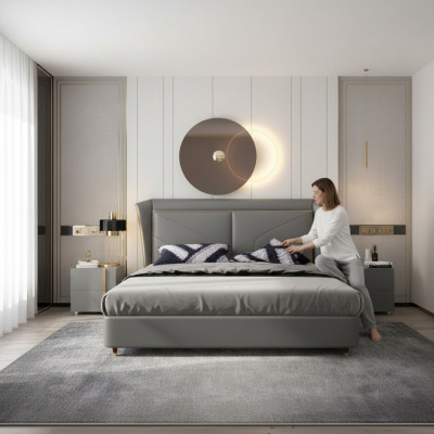 Grau Schlofzëmmer Duebelbett Designer Better Holzgestell Liederbetter