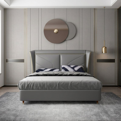 Grau Schlofzëmmer Duebelbett Designer Better Holzgestell Liederbetter