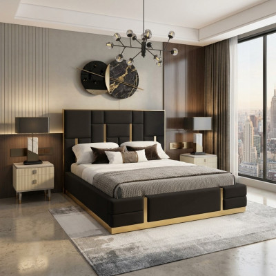 Schwaarzt Schlofzëmmer Bett Designer Holz Duebelbett Luxus Edelstolbett