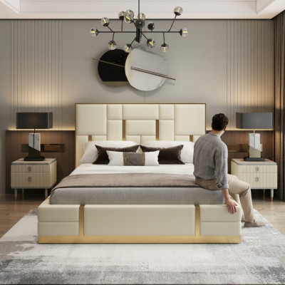 Wäisst Duebelbett Schlofzëmmer Luxus Holzgestell Designer Edelstolbett