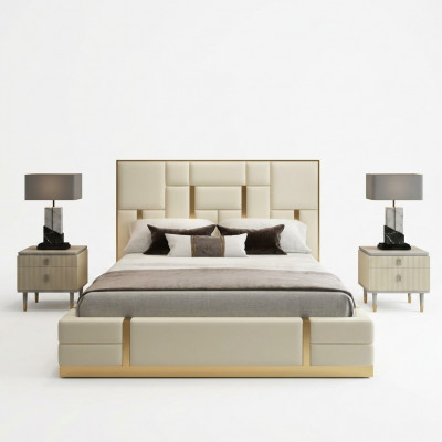 Wäisst Duebelbett Schlofzëmmer Luxus Holzgestell Designer Edelstolbett