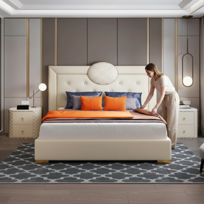 Grousst wäisst Schlofzëmmer Duebelbett Designer Holzgéstall Modern Bett