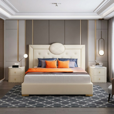Grousst wäisst Schlofzëmmer Duebelbett Designer Holzgéstall Modern Bett