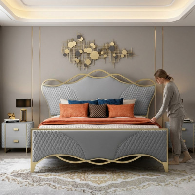 Stilvollt Schlofkummerbett Designer Kënschtleeder Duebelbett Holzgestell