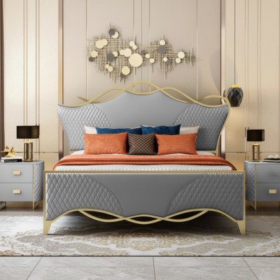 Stilvollt Schlofkummerbett Designer Kënschtleeder Duebelbett Holzgestell