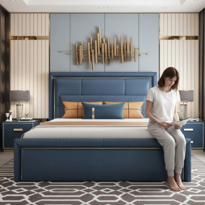 Grousst Blo Schlofzëmmer Bett Designer Duebelbetter Konschtlederbetter
