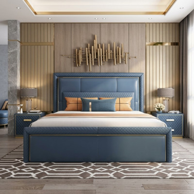 Grousst Blo Schlofzëmmer Bett Designer Duebelbetter Konschtlederbetter