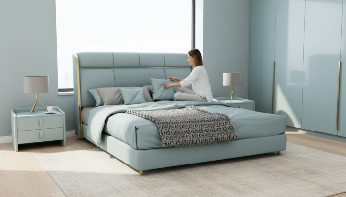 Schlofkummer Blo Bett firdoppel Designer Better Holzgestell Luxus Miwwelen