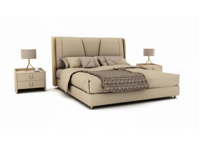 Schlofzëmmer Designer Beige Bett Duebelbetter LED-Betten Liederbetter