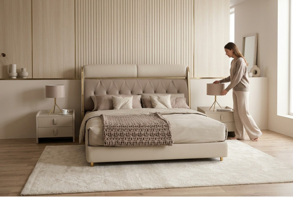 Stilvollt beige Schlofzëmmer Bett duebel Bett Textilbetter LED-Bett