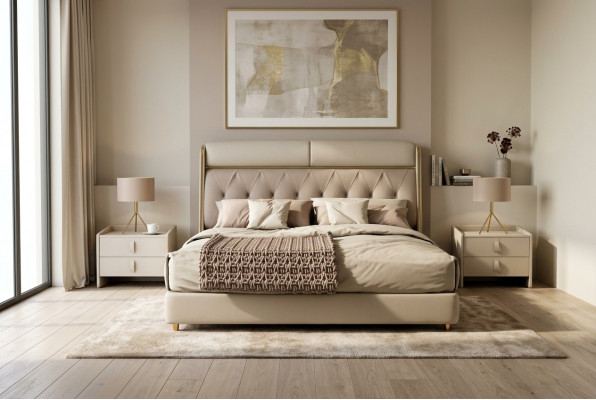 Stilvollt beige Schlofzëmmer Bett duebel Bett Textilbetter LED-Bett
