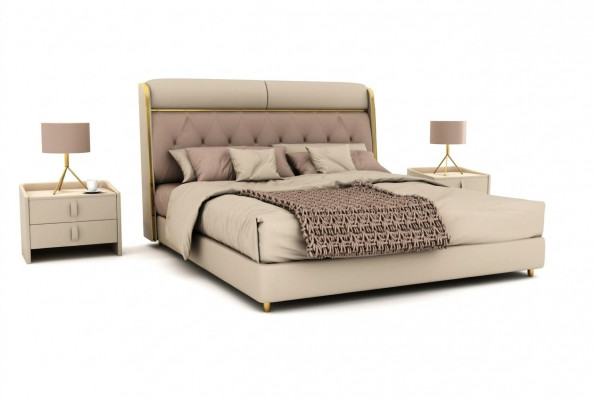 Stilvollt beige Schlofzëmmer Bett duebel Bett Textilbetter LED-Bett
