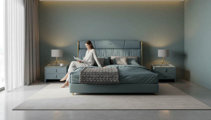 Blo Schlofzëmmer Duebelbett Designer Miwwelen LED-Bett Holz Textilbetter