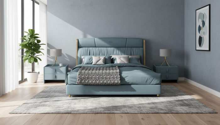 Blo Schlofzëmmer Duebelbett Designer Miwwelen LED-Bett Holz Textilbetter