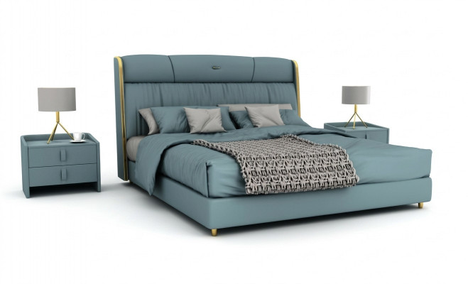 Blo Schlofzëmmer Duebelbett Designer Miwwelen LED-Bett Holz Textilbetter