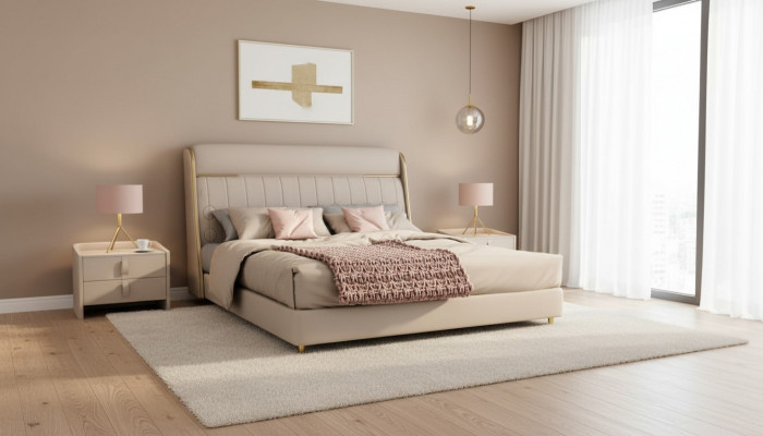 Luxuriéist beiges Schlofzëmmer Bett stilvoll Schlofzëmmer Holzmiwwelen