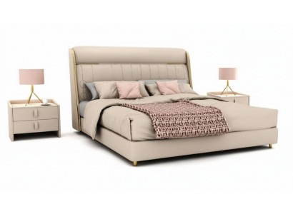 Luxuriéist beiges Schlofzëmmer Bett stilvoll Schlofzëmmer Holzmiwwelen