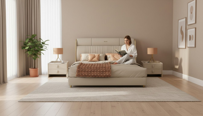 Beige Textilbett Stilvoll Schlofzëmmer Miwwelen Designer Duebelbetter