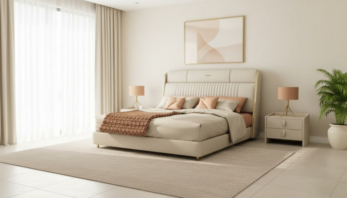 Beige Textilbett Stilvoll Schlofzëmmer Miwwelen Designer Duebelbetter