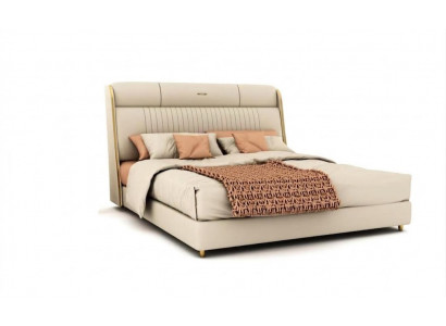 Beige Textilbett Stilvoll Schlofzëmmer Miwwelen Designer Duebelbetter