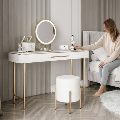 Wäisse Schminkdësch Designer Kosmetikdësch 2x Schiefen Frisée-Kommodéierer